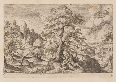 Tábla 10, az Ó- és Újszövetségből és Ovidius Metamorfózisaiból származó tájképek jelenetekkel. alkotó: Hans Bol
