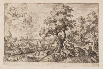 Tábla 12, az Ó- és Újszövetségből és Ovidius Metamorfózisaiból származó tájképek jelenetekkel. alkotó: Hans Bol