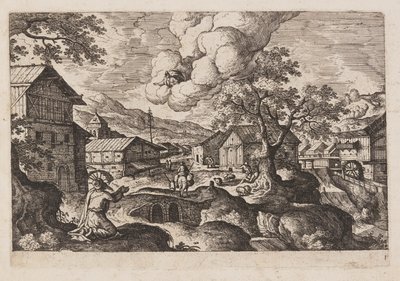 Tábla 1, az Ó- és Újszövetségből és Ovidius Metamorfózisaiból származó tájképek jelenetekkel alkotó: Hans Bol