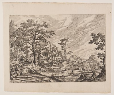 View of a Village, a Man Carrying a Wheelarrow, plate 8 from Landscapes with Views of Villas alkotó: Hans Bol