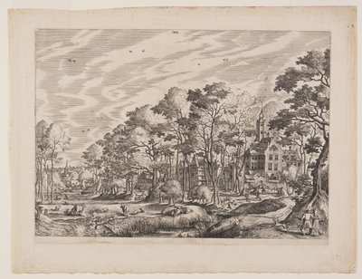 Nézet egy falura, jobbra egy kastéllyal, 1. lemez a Landscapes with Views of Villages (Tájképek falvakra nyíló kilátással) című kiadványból alkotó: Hans Bol