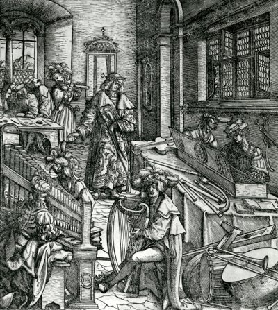 Zenetörténet, a „Der Weisskunig” című regényből I. Maximilian császár dicséretére alkotó: Hans Burgkmair