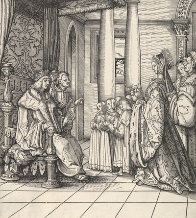 A fehér király lányát, Margitot és Fülöp király gyermekeit fogadja a Der Weisskunigból, 1514-16 alkotó: Hans Burgkmair