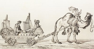 Paul Hofhaimer orgonaművész egy teve húzott hintón játszik az El Mundo Ilustrado-ból, Barcelona, 1880. alkotó: Hans Burgkmair
