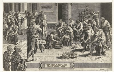 Christ wast de voeten van de discipelen Mindenek Ura térdre borul, hogy megmossa szolgái lábát, a páratlan alázat példája (cím a tárgyon) alkotó: Hans Collaert (I) (attributed to)