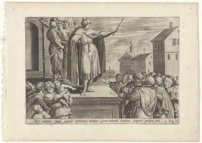 Rechabeam antwoordt het volk Geschiedenis van Jeroboam en Rechabeam (sorozat címe) Az Ószövetség szent történeteinek kincsestára (...) (sorozat címe) alkotó: Hans Collaert (I) (attributed to)