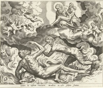 Lázár a mennyben és a gazdag ember a pokolban Lázár és a gazdag ember története (sorozat címe) alkotó: Hans Collaert (I) (possibly)