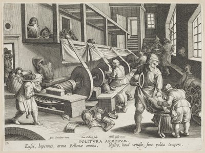Politura Armorum (polírozó karok), 17. tábla a Nova Reperta (Modern felfedezések) c.1588 sorozatból (metszet fektetett papírra) alkotó: Hans Collaert
