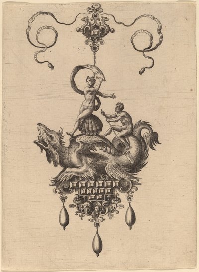 Tervezés egy medálhoz egy szárnyas tengeri szörnyeteggel, aki Anadyomene Vénusz kagylón és egy ember evezővel alkotó: Hans Collaert the Elder