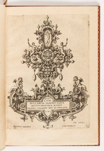 1. tábla, címlap egy tízes sorozatból, Monilium Bullarum Inauriumque Artificocissimae Icones címmel, Ioannis Collaert Opus Postremum (A legmagasabb szintű nyakláncok, medálok és fülbevalók tervei, Joannis Collaert végső munkája) alkotó: Hans Collaert the Elder