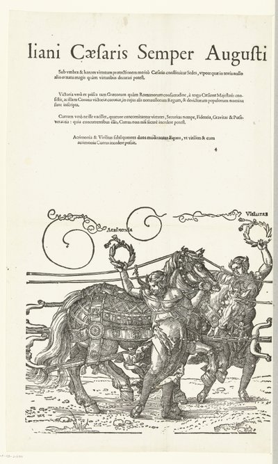 Triomfwagen van Keizer Maximiliaan I Kopieën naar Dürers Triomfwagen voor keizer Maximiliaan I (sorozat címe) Ez egy diadalmas szekér az Invictus tiszteletére. És a legdicsőségesebb herceg D. Maximilianus Caesaris Semper Augustus öltözött, És Albertus alkotó: Hans Guldenmund
