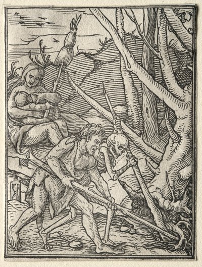 A haláltánc: Ádám a Földet művelve. alkotó: Hans Holbein