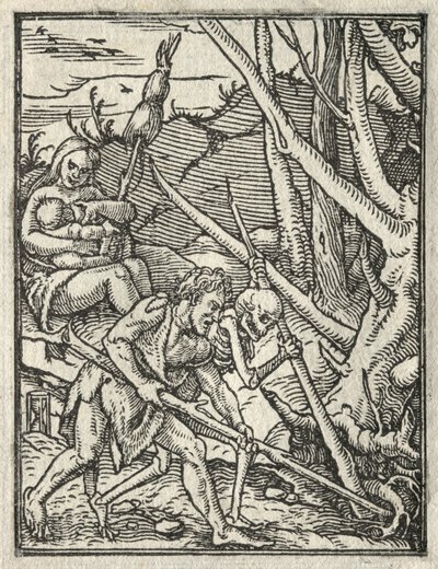 A haláltánc: Kiűzetés a Paradicsomból; Ádám műveli a földet alkotó: Hans Holbein
