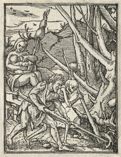 A haláltánc: Kiűzetés a Paradicsomból, Ádám műveli a földet. alkotó: Hans Holbein
