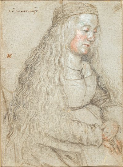 Ülő menyasszony hullámzó hajjal és fejpánttal alkotó: Hans Holbein d.Æ.