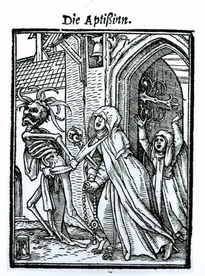 Halál és az apátnő, a "Haláltánc"-ból, Hans Lutzelburger metszete, 1538 körül alkotó: Hans Holbein der Jüngere