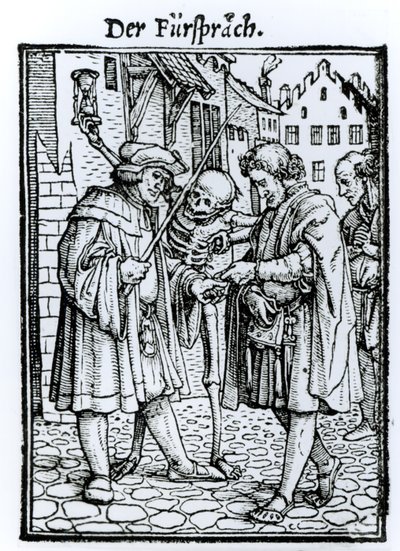 A halál és az ügyvéd, a "Haláltánc"-ból, Hans Lutzelburger metszete, 1538 körül. alkotó: Hans Holbein der Jüngere