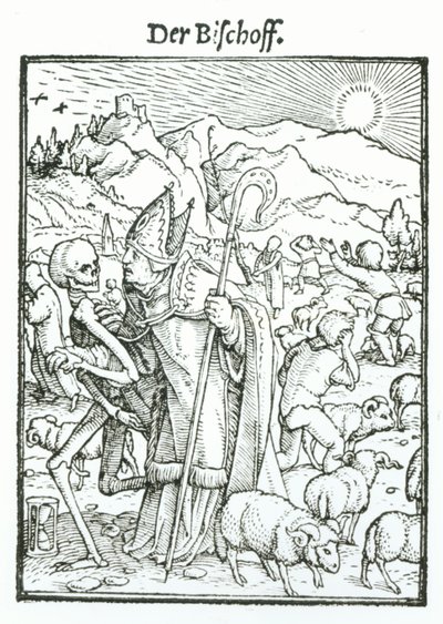 Halál és a püspök, a "Haláltánc"-ból, Hans Lutzelburger metszete, 1538 körül alkotó: Hans Holbein der Jüngere