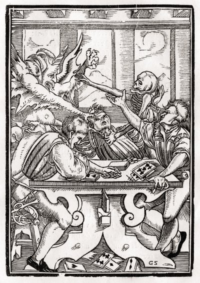 A Halál és az ördög a kártyajátékosért jön, Georg Scharffenberg metszet, a „Der Todten Tanz”-ból, Bázel, 1843 alkotó: Hans Holbein der Jüngere