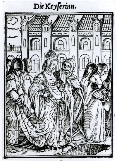 A halál és a császárné, a "Haláltánc"-ból, metszet: Hans Lutzelburger, 1538 körül. alkotó: Hans Holbein der Jüngere