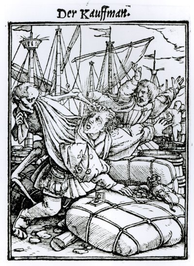 Halál és a kereskedő, a "Haláltánc"-ból, Hans Lutzelburger metszete, 1538 körül alkotó: Hans Holbein der Jüngere