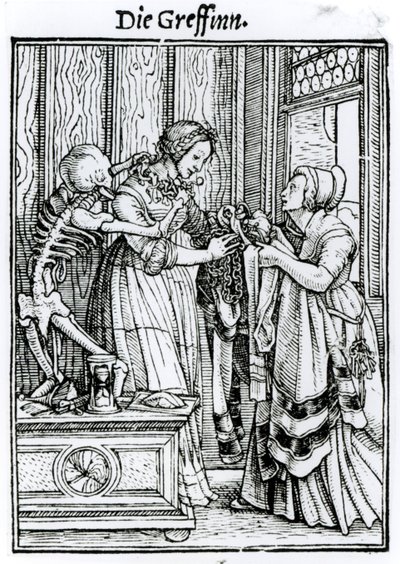Halál és az úrnő, a "Haláltánc"-ból, Hans Lutzelburger metszete, 1538 körül alkotó: Hans Holbein der Jüngere
