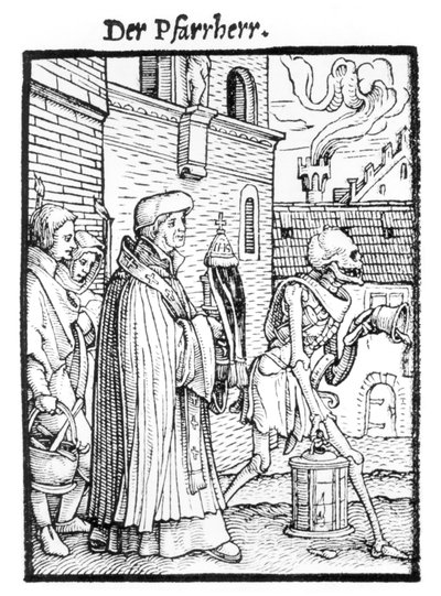 A Halál és a plébános, a "Haláltánc"-ból, Hans Lutzelburger metszete, 1538 körül alkotó: Hans Holbein der Jüngere