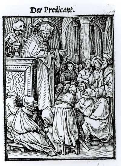 Halál és a prédikátor, a "Haláltánc"-ból, Hans Lutzelburger metszete, 1538 körül alkotó: Hans Holbein der Jüngere