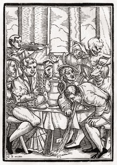Halál jön a részegért, Georg Scharffenberg metszete a „Der Todten Tanz” című művéből, Bázelben, 1843 alkotó: Hans Holbein der Jüngere