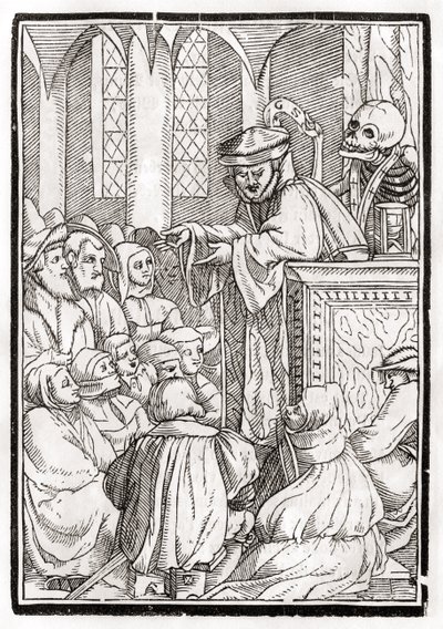 A halál jön a prédikátorért, Georg Scharffenberg metszete a „Der Todten Tanz”-ból, Bázelben, 1843 alkotó: Hans Holbein der Jüngere