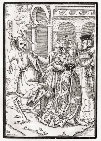 A halál jön a királynőért, Georg Scharffenberg metszete a „Der Todten Tanz”-ból, Bázel, 1843 alkotó: Hans Holbein der Jüngere