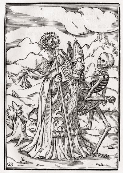A halál jön a püspökre, Georg Scharffenberg metszete a „Der Todten Tanz”-ból, Bázel, 1843 alkotó: Hans Holbein der Jüngere