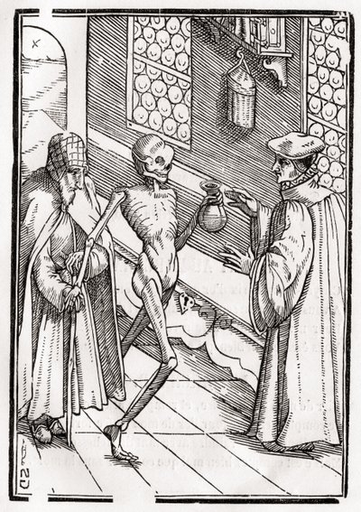 A halál jön az orvoshoz, Georg Scharffenberg metszete a „Der Todten Tanz”-ból, Bázel, 1843 alkotó: Hans Holbein der Jüngere