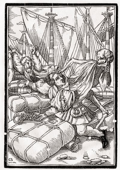 A Halál jön a kereskedőhöz, Georg Scharffenberg metszetét a „Der Todten Tanz”-ból, Bázelben, 1843-ban. alkotó: Hans Holbein der Jüngere