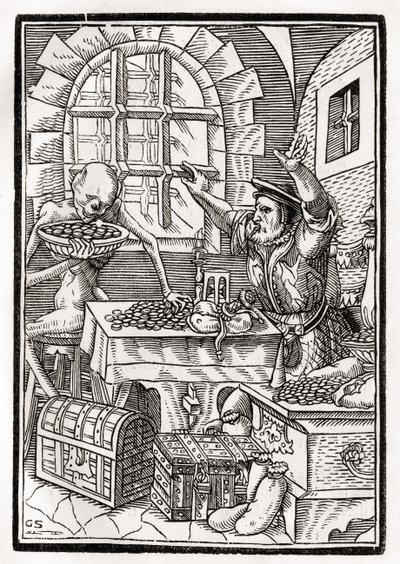 A halál jön a fösvényre vagy uzsorásra, Georg Scharffenberg metszete a „Der Todten Tanz”-ból, Bázelben, 1843 alkotó: Hans Holbein der Jüngere
