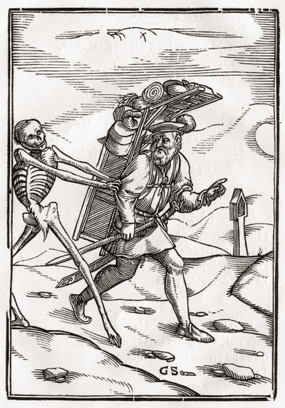 A Halál megérkezik a pedálra, Georg Scharffenberg metszete a „Der Todten Tanz”-ból, Bázelben, 1843 alkotó: Hans Holbein der Jüngere