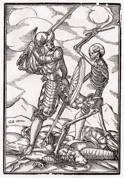 A halál megérkezik a katonára, Georg Scharffenberg metszetét a „Der Todten Tanz”-ból, Bázelben, 1843-ban. alkotó: Hans Holbein der Jüngere