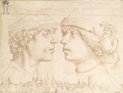 Két fiatal portréja, egy törpe és egy városkép, 1514 körül (ezüstpont) alkotó: Hans Holbein der Jüngere