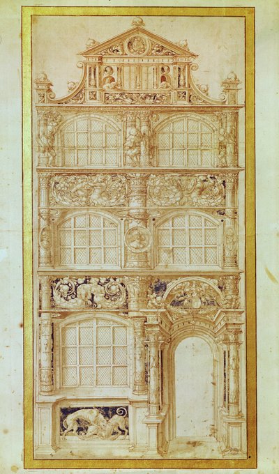 Javaslat háromemeletes ház homlokzatára és oromzatra (papíron toll és tinta) alkotó: Hans Holbein der Jüngere