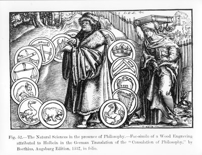 A természettudományok a filozófia jelenlétében, Boethius „Filozófia vigasztalása” című művének 1537-es német kiadásából, illusztráció a „Tudomány és irodalom a középkorban és Renaisban” c. alkotó: Hans Holbein der Jüngere