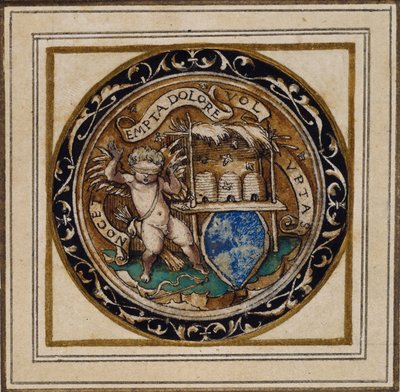 Ámor megcsípte a méheket – Medál- vagy kalapjelvény kialakítása, 1532-43 körül (toll és tinta papíron) alkotó: Hans Holbein der Jüngere