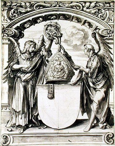 Tervezés egy üvegfestményhez, 1520 körül (toll és szürke mosás fekete krétával papíron) alkotó: Hans Holbein der Jüngere