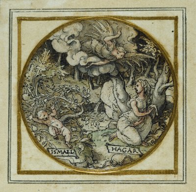 Hágár és Izmael – Medál- vagy kalapjelvény tervezése, 1532-43 körül (toll és tinta papíron) alkotó: Hans Holbein der Jüngere