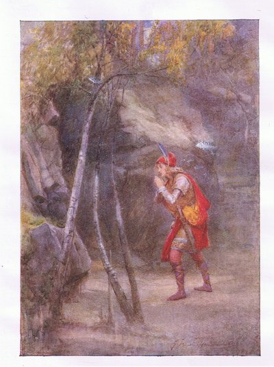 Nem! ki van itt? Ha valami civil beszél (Cymbeline), a George Harrap & Co Ltd. által kiadott Shakespeare teljes műveiből, 1920-as évek alkotó: Hans Holbein der Jüngere