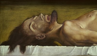 A halott Krisztus teste, a fej részlete, 1521-es tempera hársfán alkotó: Hans Holbein der Jüngere