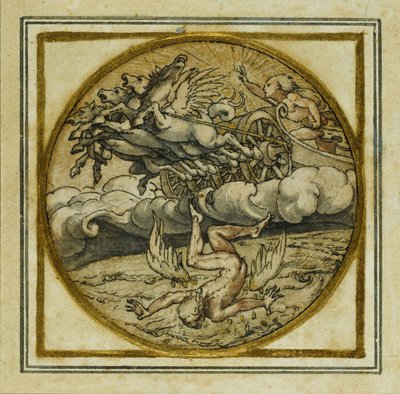 The Fall of Icarus – Tervezés medálhoz vagy kalapjelvényhez, 1532-43 körül (toll és tinta papíron) alkotó: Hans Holbein der Jüngere