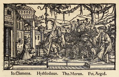 Sir Thomas More (1478-1535) Bázelben megjelent „Utópia” 1518-as harmadik kiadásából készült fametszet, amelyen a szerző Raphael Hythloday főszereplőjével beszélget az Utópia szigetén talált ideális társadalomról. Hans Holbein ifjabb fametszete alkotó: Hans Holbein der Jüngere