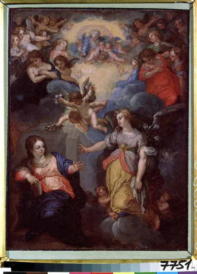Az Angyali üdvözlet. Hans Rottenhammer Groin (1564-1625) festménye. Olaj, réz, 37 x 21 cm. Német művészet, manierizmus. Lett Köztársaság Állami Külföldi Művészeti Múzeuma, Riga (Lettország). alkotó: Hans I or Johann Rottenhammer