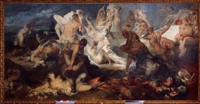 Kentaurok és lapitok vagy lapiták csata (Kentaurok és lapitok csatája). A görög mitológiában a lapithok lemészárolták a kentaurokat. Hans Makart (1840-1884) festménye. Olajfestmény. Osztrák art, szecessziós időszak. Állami Múzeum F alkotó: Hans Makart