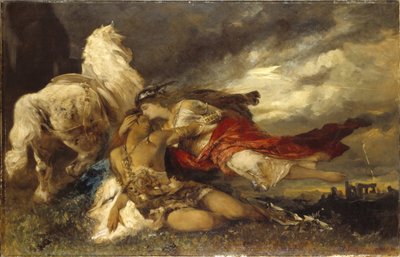 Valkyrie et un heros mourant – Valkyrie és egy haldokló hős, Makart, Hans (1840-1884). Olajfestmény. Mérete: 130x200 cm. Nemzeti Múzeum Stockholm alkotó: Hans Makart